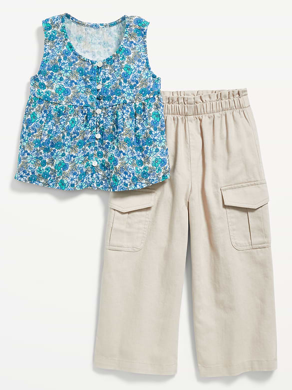 Printed Sleeveless Button-Front Top and Cargo Pants Set for Toddler Girls