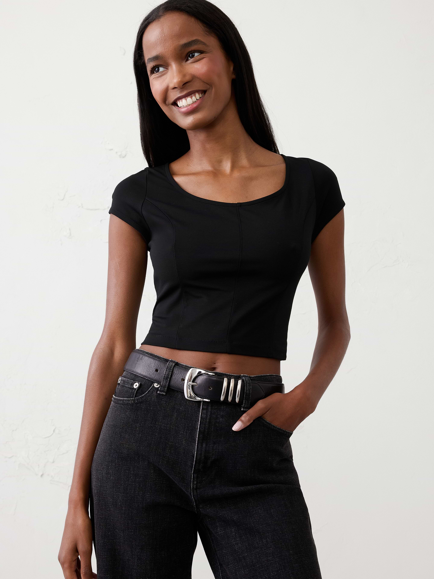 Image number 1 showing, Lightweight Cap-Sleeve Ponte Top