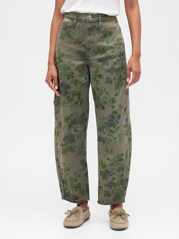 High Rise Print Barrel Jeans