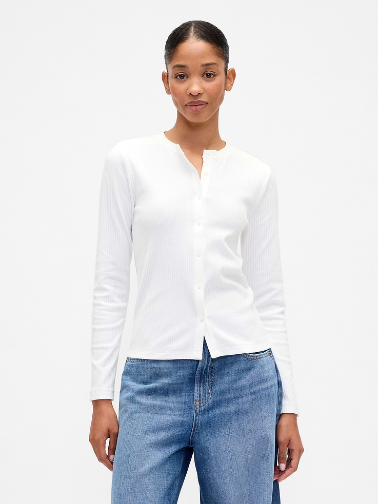 Image 1 of 5, Soft ribbed knit., Long sleeves., Crewneck, button front., This product was made in a factory that invests in gender equity and women’s empowerment through RISE. Learn more at, Product #824805