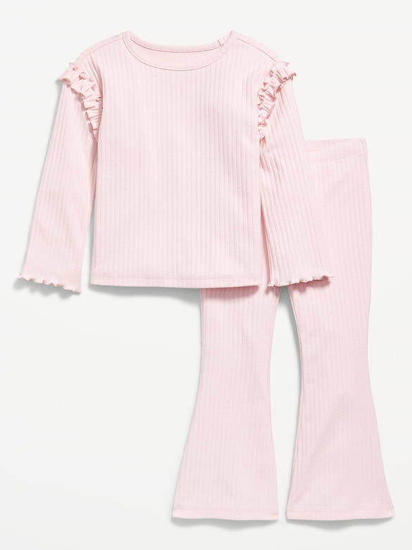 Long-Sleeve Ruffle-Shoulder Top and Flare Leggings Set for Toddler Girls