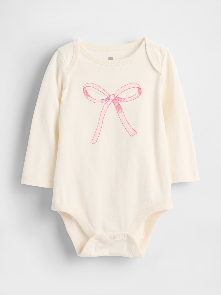 Image 1 of 3, From baby’s first outfit to all their first moments. Our favorite tiny essentials in supersoft, organically grown cotton., Soft cotton jersey bodysuit., Crewneck with lapped shoulders for easy over-the-head., Long sleeves., Assorted graphics at front., Snaps at inseam for easy dressing and diapering., Made with 100% organically grown cotton which is grown without the use of synthetic pesticides and fertilizers., Explore our babyGap Guide ., This product was made in a factory that invests in gender equity and women’s empowerment through RISE. Learn more at gapinc.com/equity., Product #835259