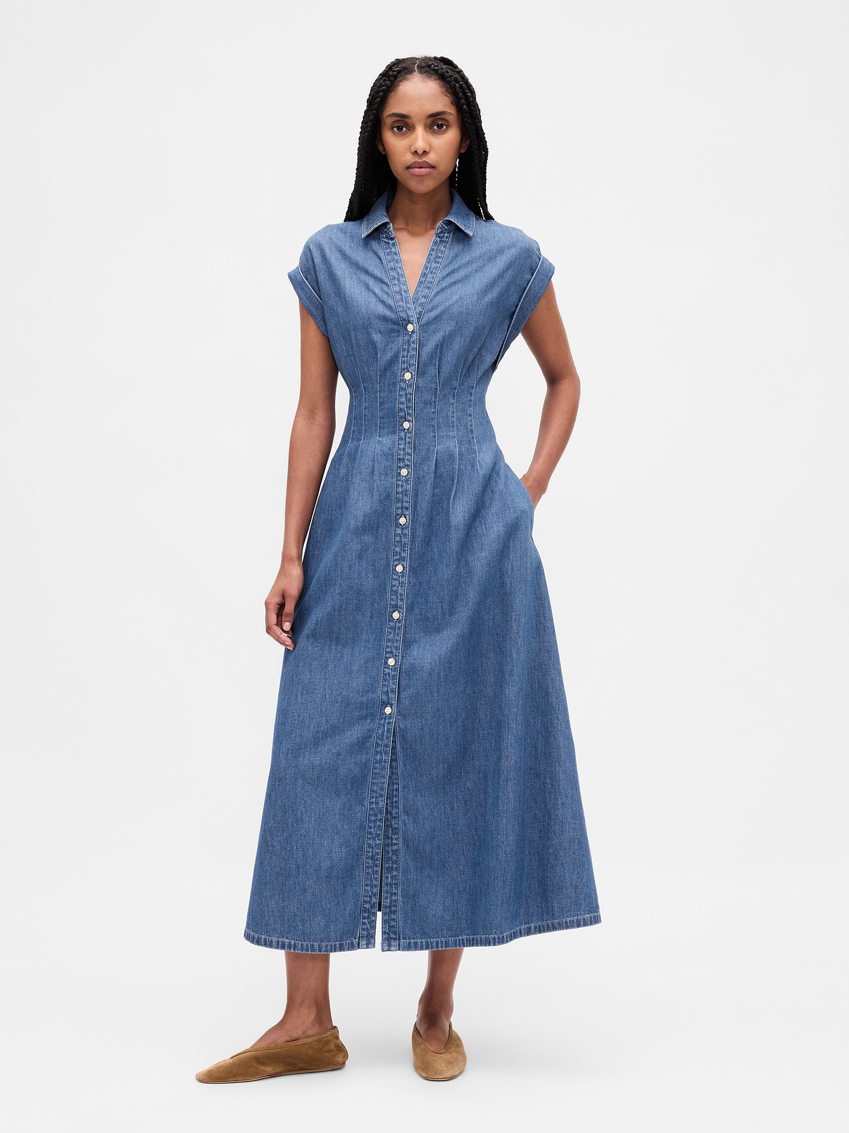 Denim Roll-Cuff Midi Shirtdress