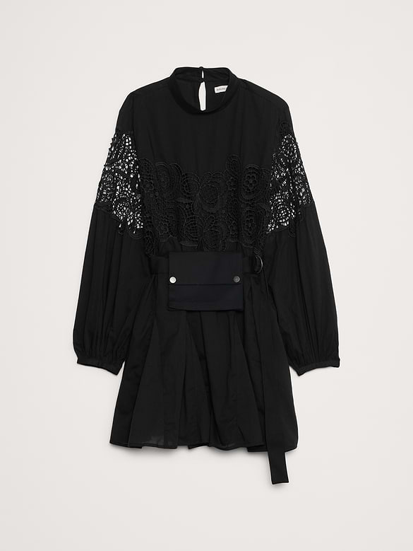 Cotton & Lace Mock-Neck Dress with Removable Belt Bag