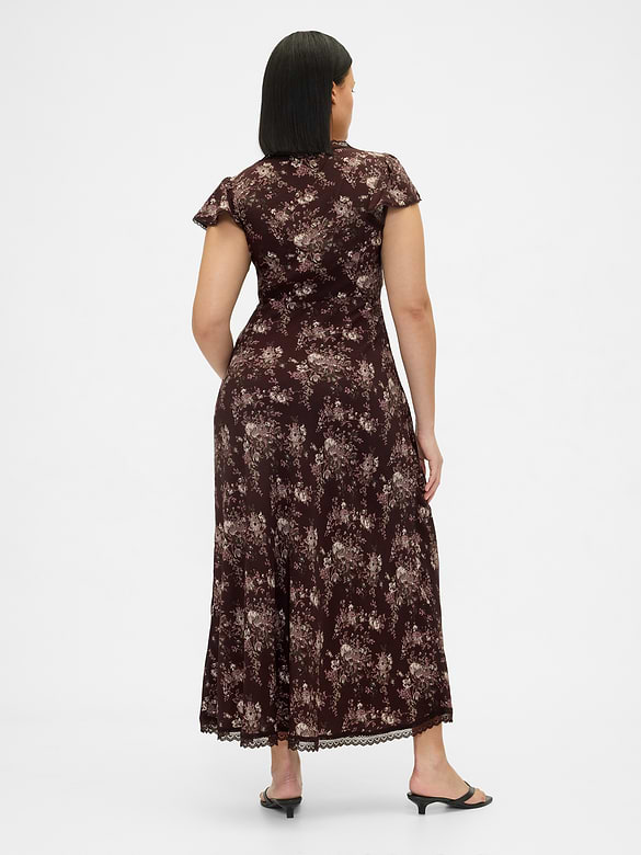 Lace-Trim V-Neck Crepe Maxi Dress