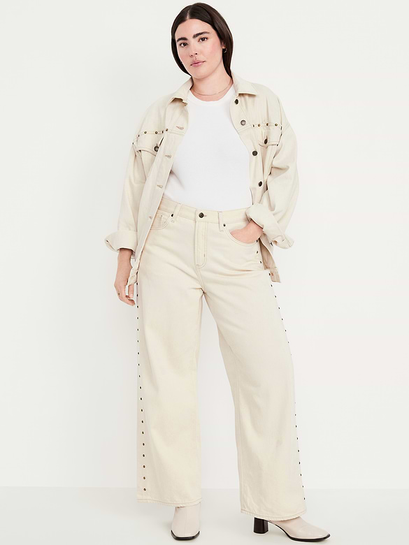 High-Waisted Baggy Wide-Leg Studded Jeans