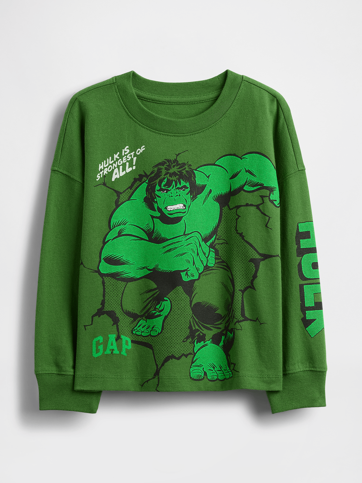 Image 1 of 2, Soft cotton jersey graphic T-shirt., Crewneck., Long sleeves with drop shoulders and banded cuffs., Assorted Marvel superhero graphics with Gap logo., This product was made in a factory that invests in gender equity and women’s empowerment through RISE. Learn more at gapinc.com/equity., Product #829230