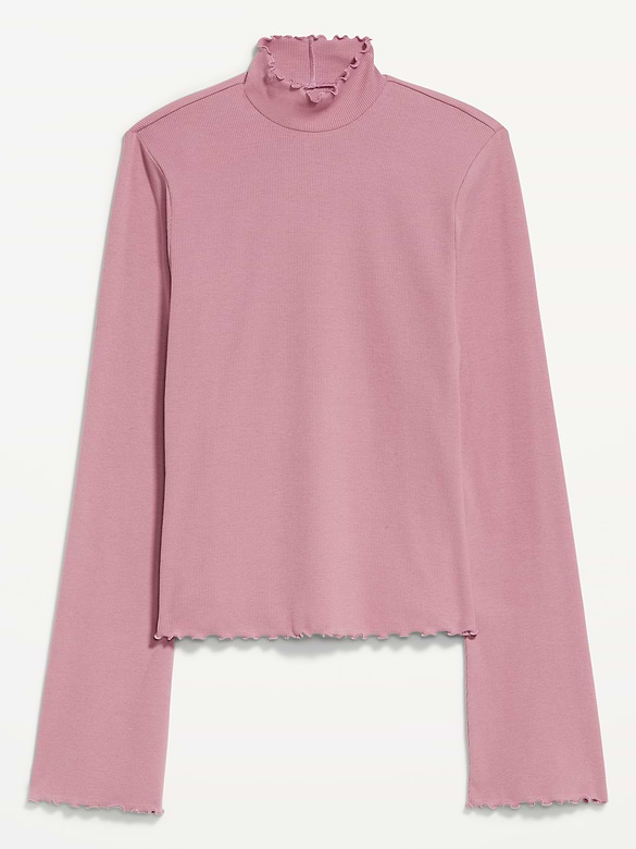 Mock-Neck Lettuce-Edge Rib Top