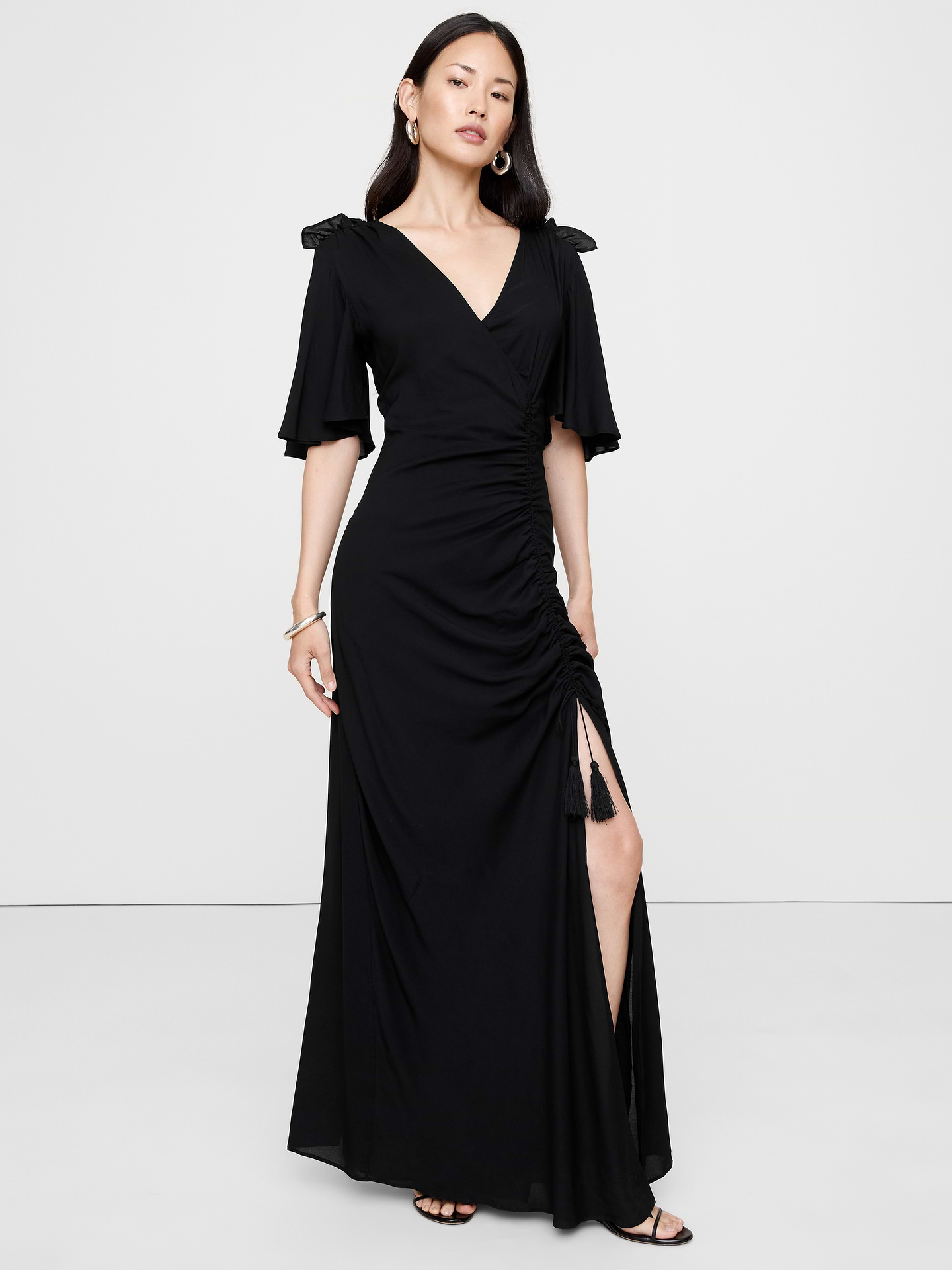 Image number 1 showing, Stretch-Crepe Flutter-Sleeve Maxi Dress