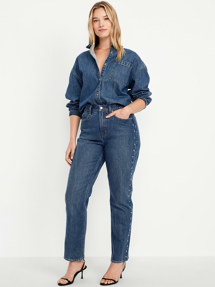 Image number 5 showing, Extra High-Waisted Studded Straight Jeans