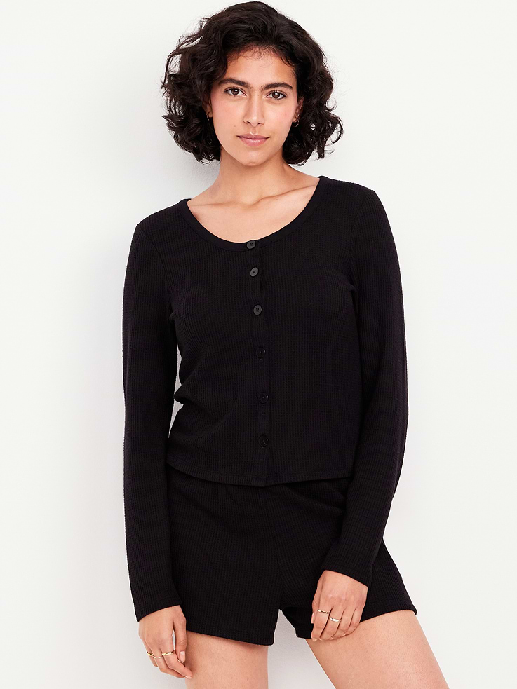 Image number 1 showing, Button-Down Waffle-Knit Sleep Top