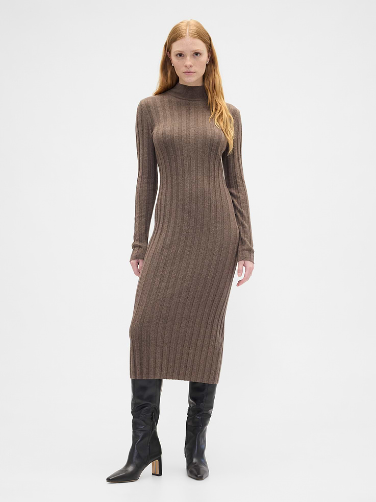 Image number 1 showing, CashSoft Ribbed Mockneck Midi Dress