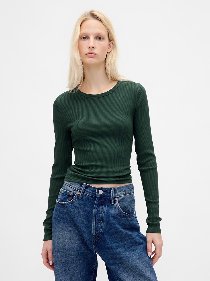 Image 1 of 5, Our soft & stretchy cotton-modal blend that hugs you just right. It’s your new 7-days-a-week essential., Soft, stretch cotton-modal blend ribbed cropped T-shirt., Crewneck., Long sleeves., This product was made in a factory that invests in gender equity and women’s empowerment through RISE. Learn more at gapinc.com/equity., Explore our GapTees Guide ., Product #801461