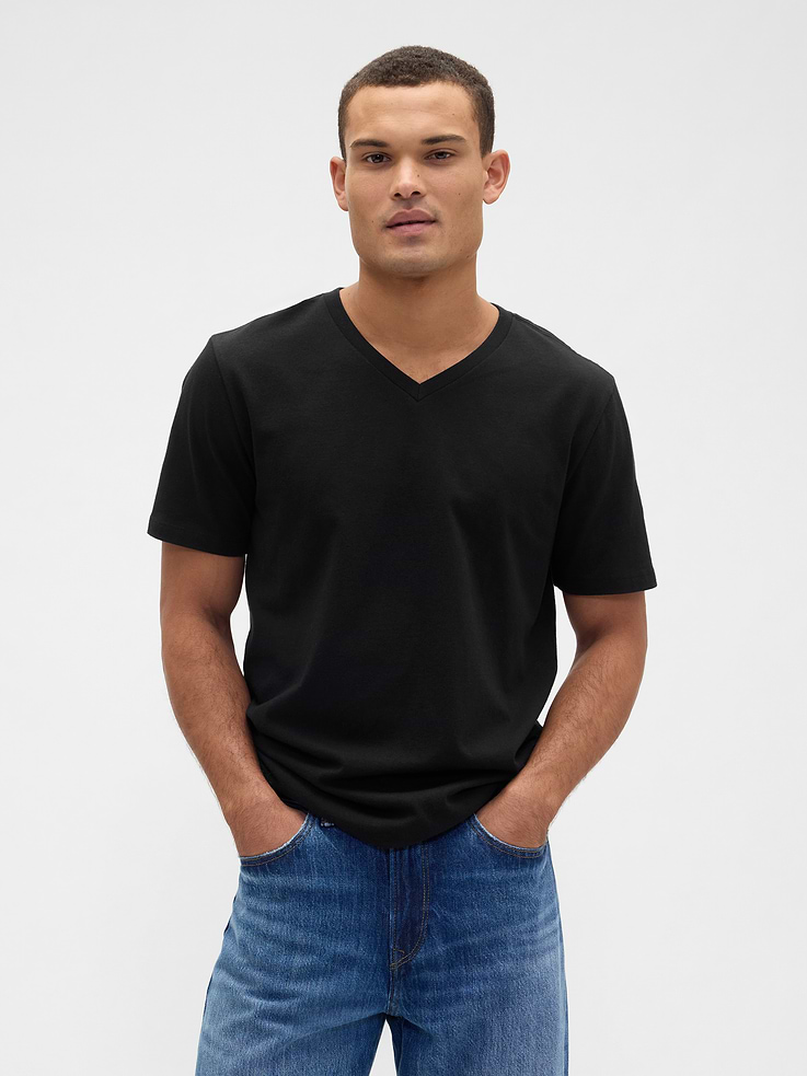 Image 1 of 5, Soft jersey knit., Short sleeves., V-neck., This product was made in a factory that invests in gender equity and women’s empowerment through RISE. Learn more at, Product #818591