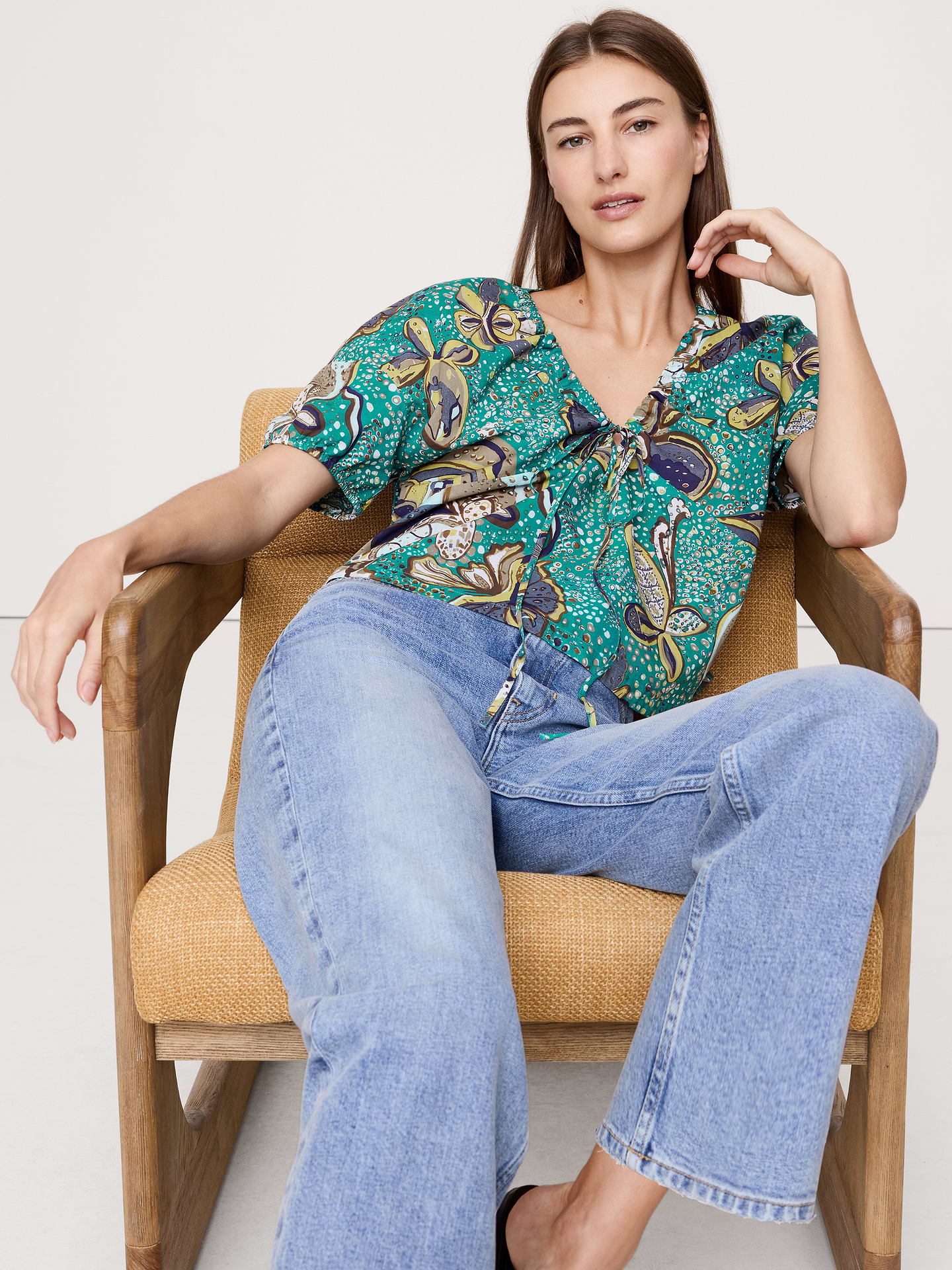 Image number 1 showing, Cotton Tie-Front V-Neck Top