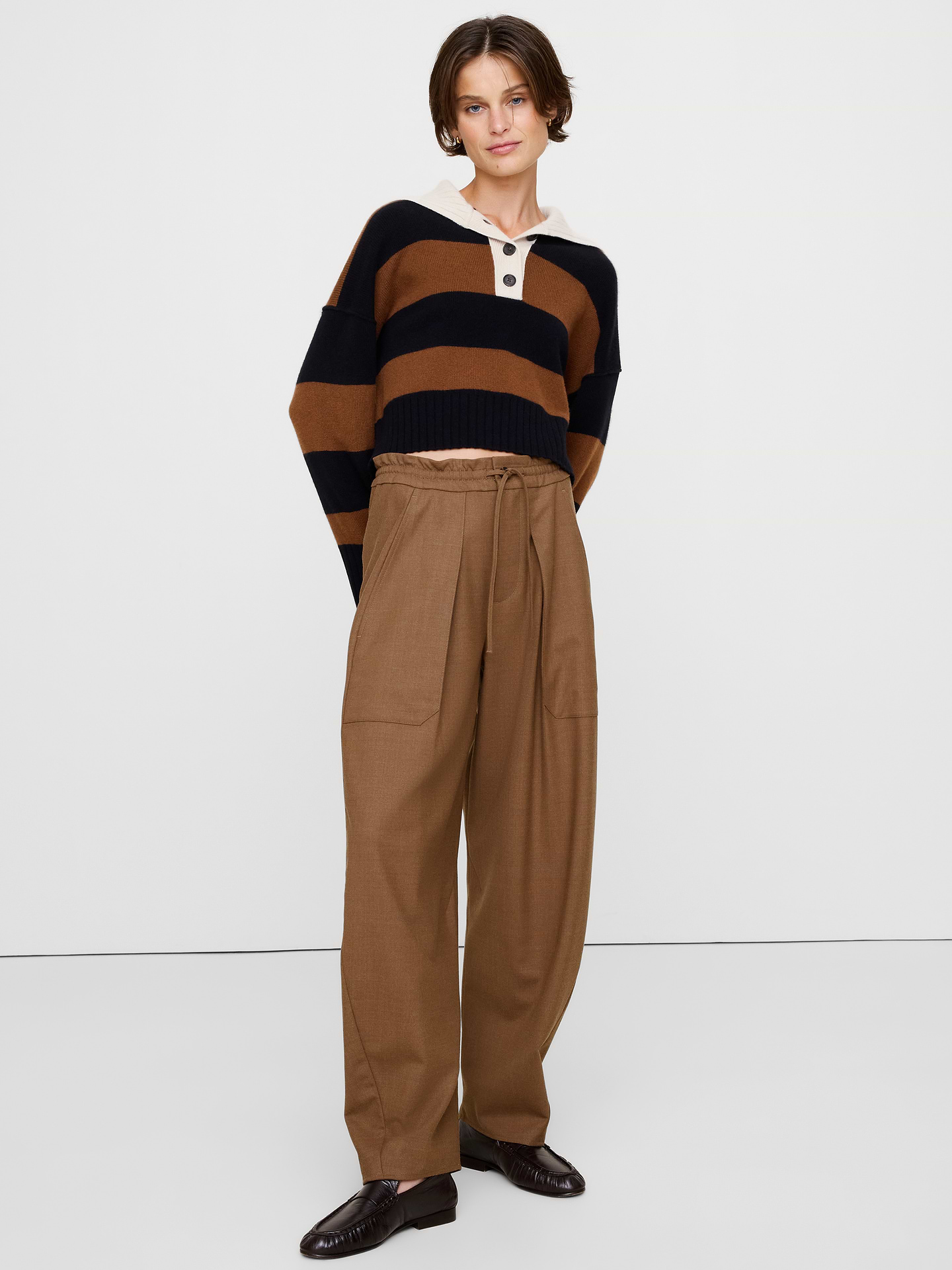 Image number 1 showing, High-Rise Pleated Barrel Flannel Pull-On Pant