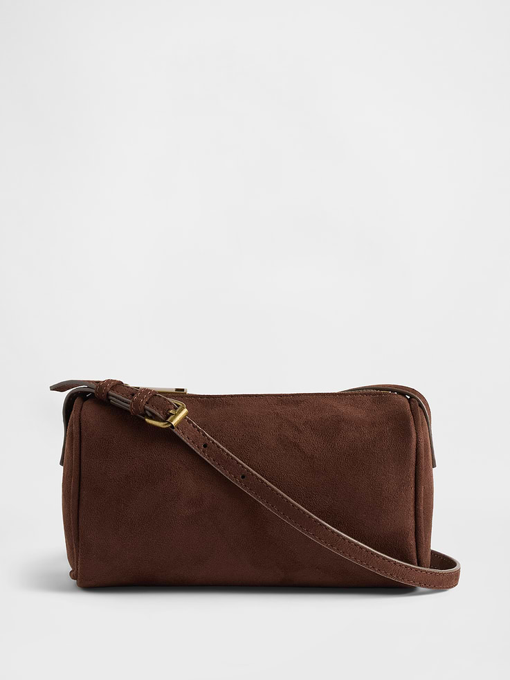 Image 1 of 4, Soft vegan suede barrel bag., Zipper at top., Shoulder strap., Product #789158