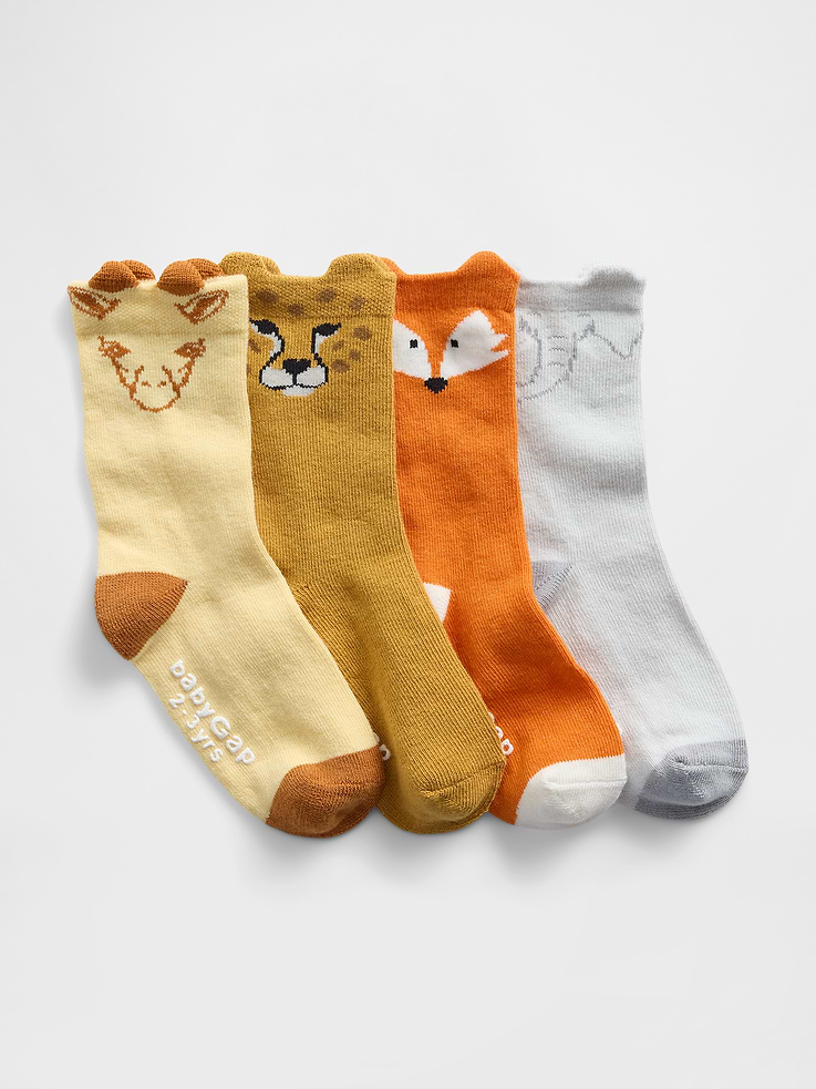 Image 1 of 1, Soft stretch knit crew socks., Reinforced toe and heel., Ribbed top., Assorted animal graphics with 3D ears., Made with 10% recycled polyester. Compared to virgin materials, using recycled materials helps to reduce resource use and waste., This product was made in a factory that invests in gender equality and women’s empowerment. Through RISE (Reimagining Industry to Support Equality) and Gap Inc.’s program P.A.C.E. (Personal Advancement & Career Enhancement), we support people who make our clothes to build the skills, knowledge, confidence, and resilience needed to advance in work and life. Learn more here ., Product #778140