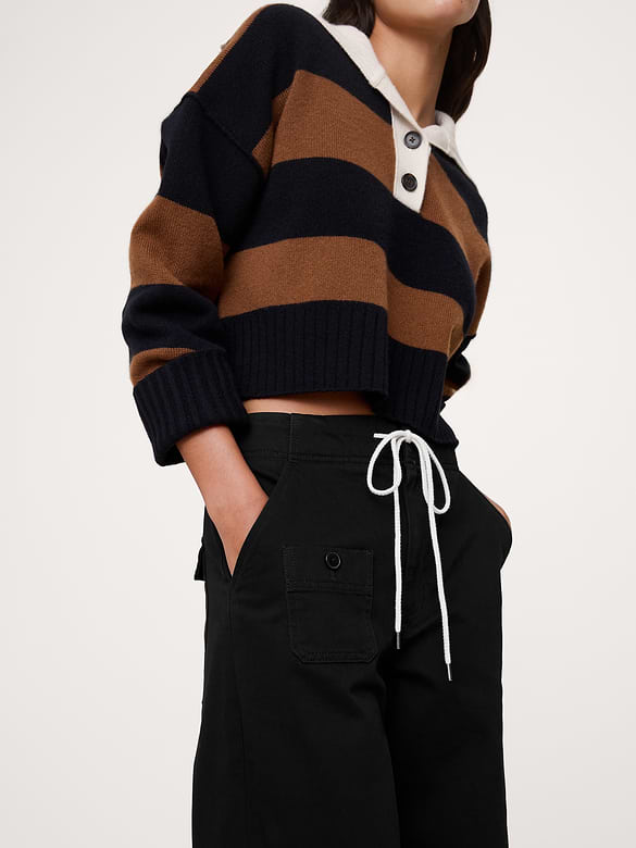 Pantalon jambe large à taille haute élastique à coulisse