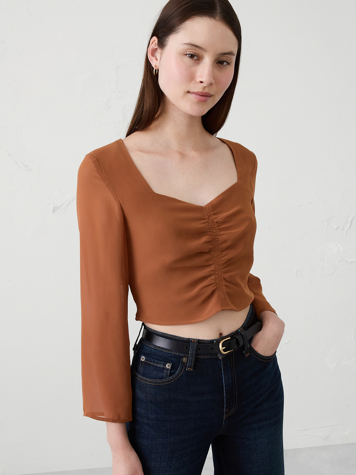 Cropped Shirred Sweetheart-Neck Top | Banana Republic Factory