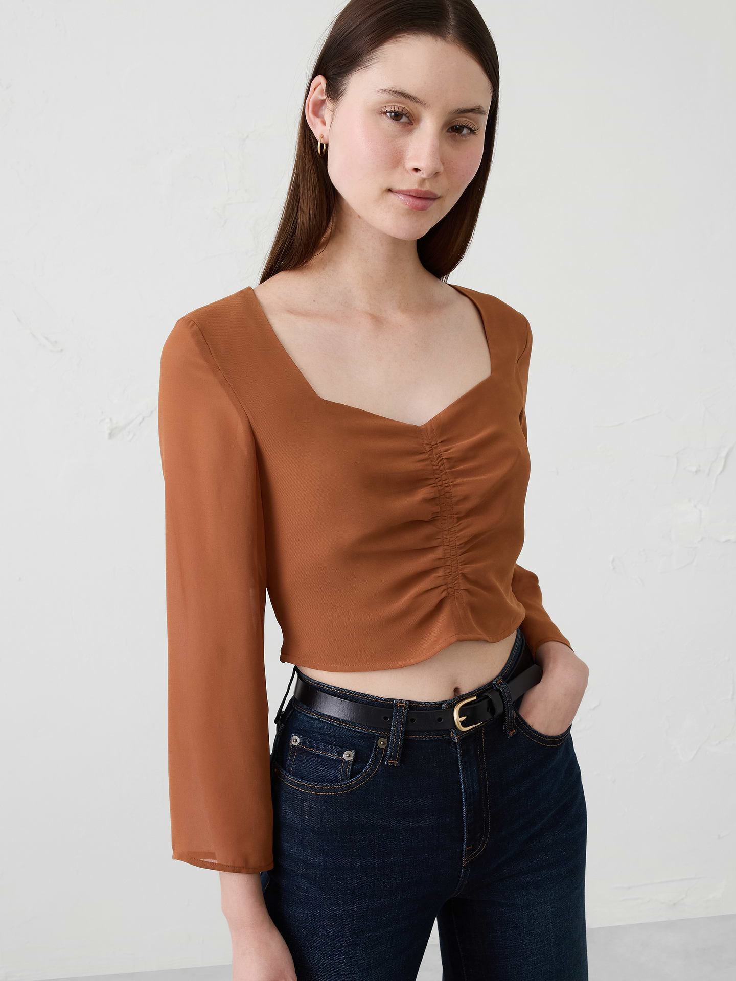 Image number 1 showing, Cropped Shirred Sweetheart-Neck Top