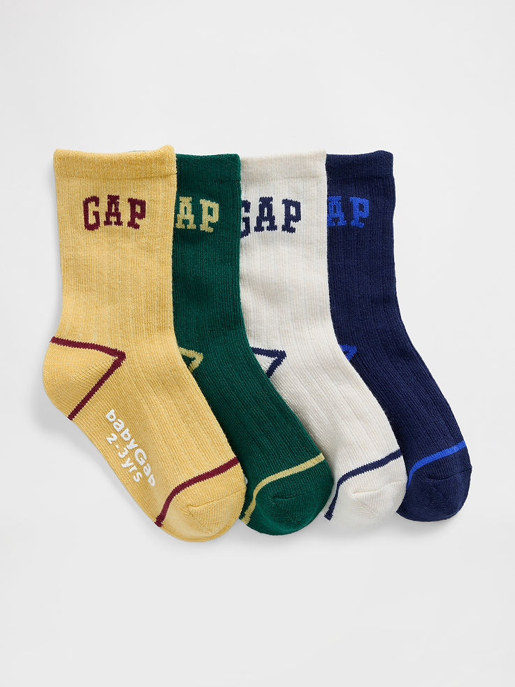 Image 1 of 1, Soft, stretch knit crew socks., Ribbed top., Reinforced heel and toe with contrast stitching., Gap arch logo at side., Made with 10% recycled polyester. Compared to virgin materials, using recycled materials helps reduce resource use and waste., Product #821188