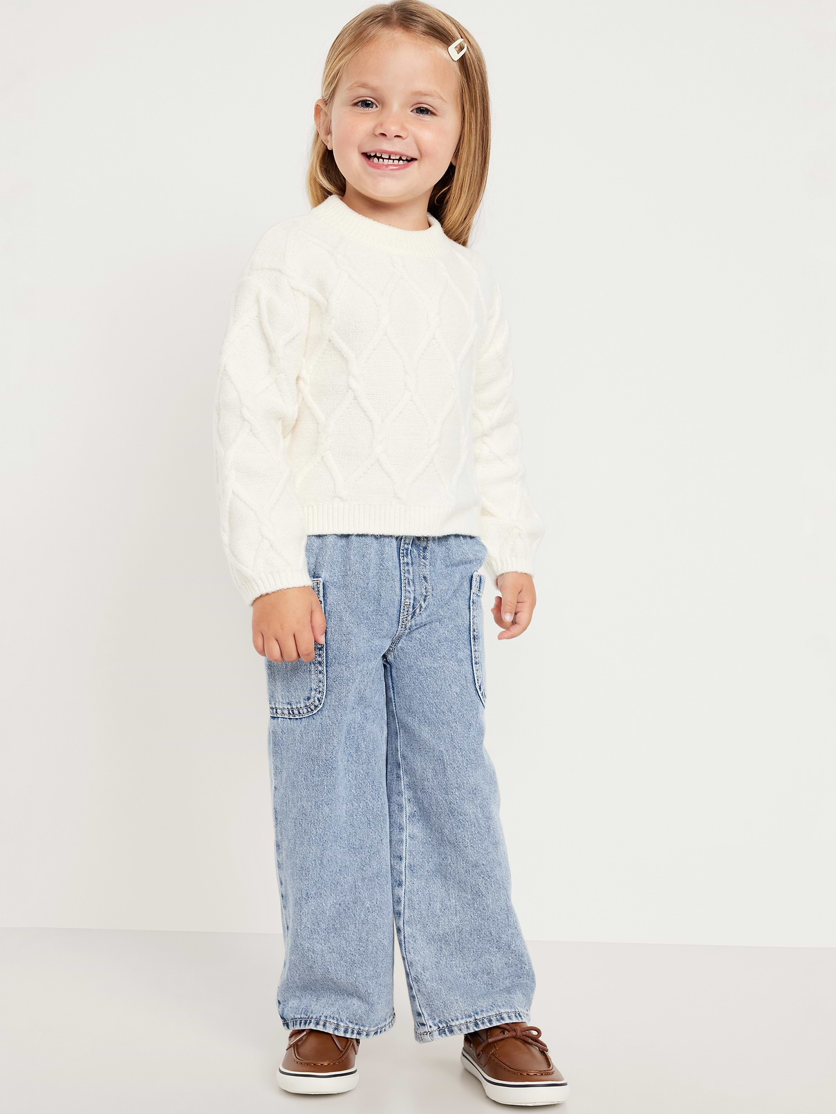 Image number 1 showing, Pull-On Baggy Wide-Leg Cargo Jeans for Toddler Girls