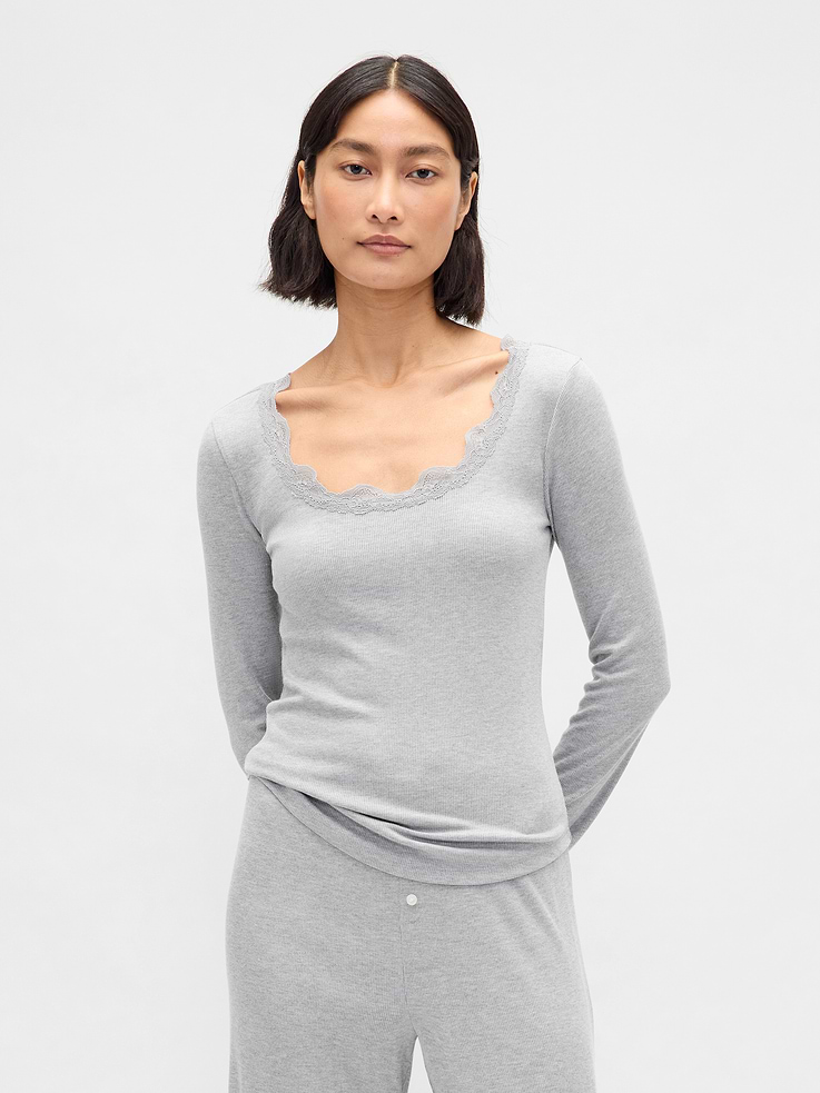 Image number 1 showing, Mini Rib Lace-Trim PJ Top