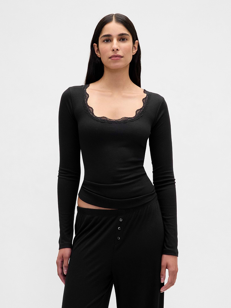 Image number 1 showing, Mini Rib Lace-Trim PJ Top