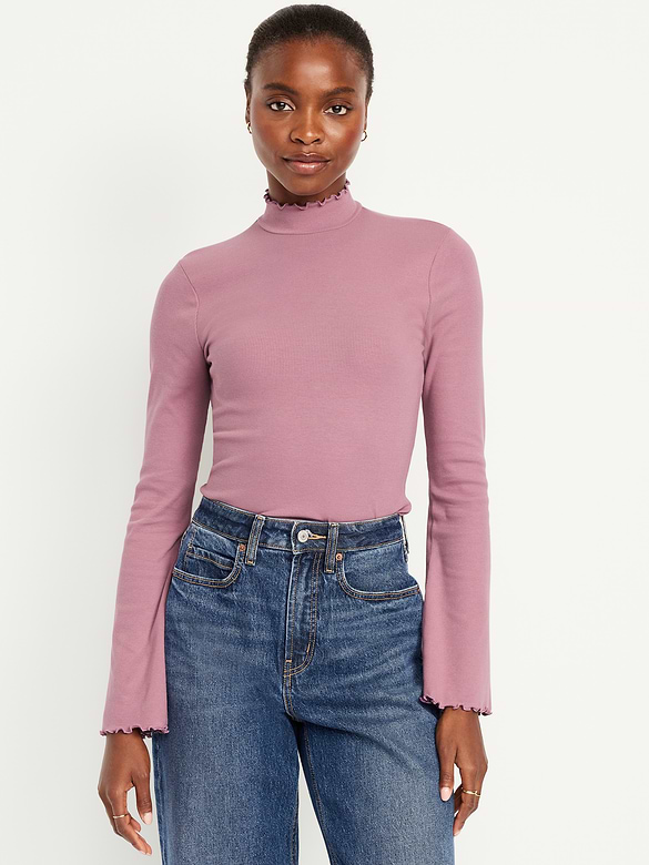 Mock-Neck Lettuce-Edge Rib Top
