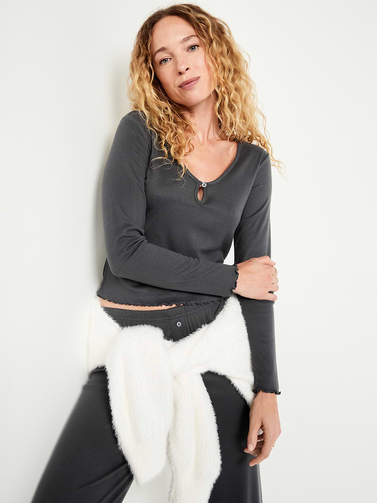 Image number 3 showing, Cozy Lettuce-Edge Pajama Top