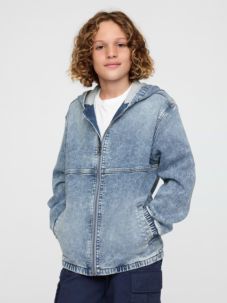 Image 1 of 6, The softest denim ever made. Our exclusive, ultra-light Tencel™ blend with an easy drape for year-round wears., Soft cotton-blend hoodie., Hooded neckline, zipper front., Long sleeves with elasticized cuffs., Side welt pockets., Elasticized hem., Responsibly Made: This jacket is part of our Washwell program, which uses at least 20% less water as compared with conventional wash methods. We’ve saved over a billion liters of water through Washwell since 2016., More Sustainable Materials: This jacket is made with 15% recycled polyester and 5% recycled cotton. Compared to virgin materials, using recycled materials helps to reduce resource use and waste., This product was made in a factory that invests in gender equality and women’s empowerment. Through RISE (Reimagining Industry to Support Equality) and Gap Inc.’s program P.A.C.E. (Personal Advancement & Career Enhancement), we support people who make our clothes to build the skills, knowledge, confidence, and resilience needed to advance in work and life. Learn more here ., Product #676499