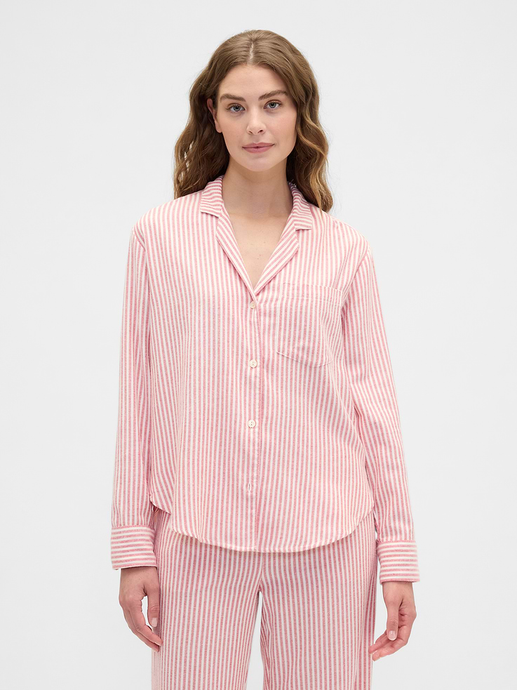 Image 1 of 4, Smooth flannel sleep shirt., Dropped shoulder, long sleeves with button cuffs., Notch spread collar, button front., Patch pocket at chest., Curved shirttail hem is longer at back., This product was made in a factory that invests in gender equity and women’s empowerment through RISE. Learn more at, Product #816698