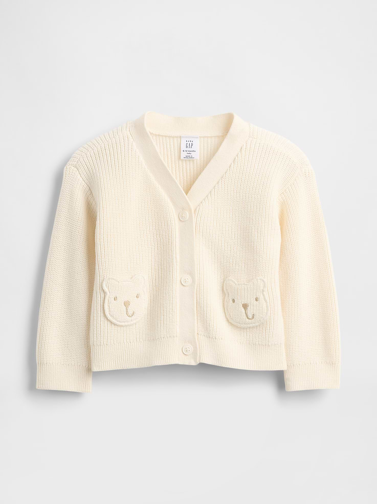 Image 1 of 3, Soft 100% cotton sweater-knit cardigan., V-neck., Long sleeves., Button front., Front patch pockets with embroidered bear graphic detail., Ribbed hem., This product was made in a factory that invests in gender equity and women’s empowerment through RISE. Learn more at gapinc.com/equity., Product #796831