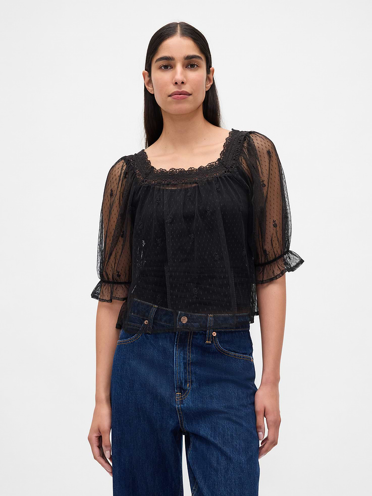 Image number 1 showing, Sheer Tulle Embroidered Top
