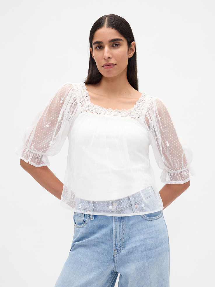 Image number 1 showing, Sheer Tulle Embroidered Top
