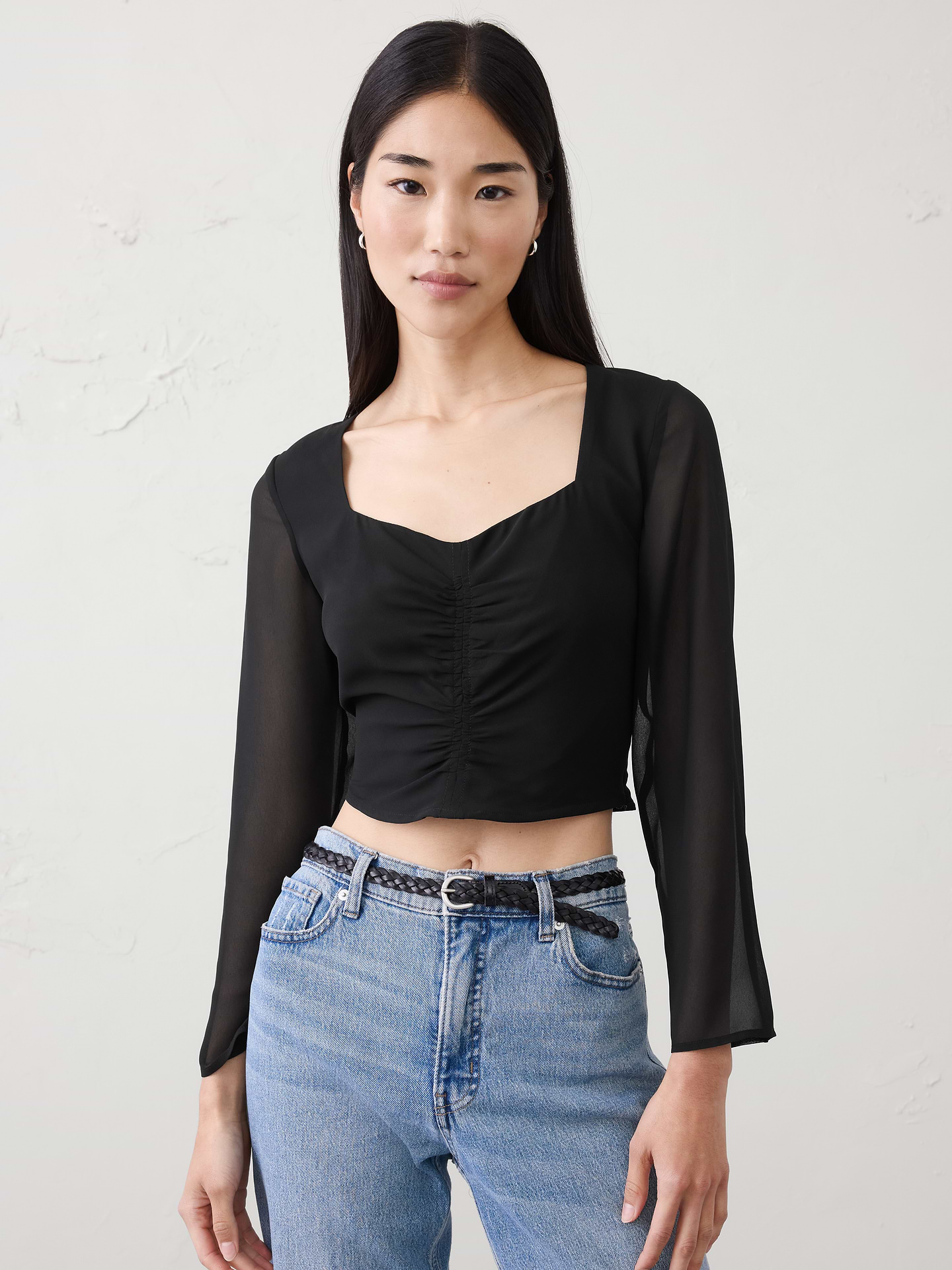 Image number 1 showing, Cropped Shirred Sweetheart-Neck Top