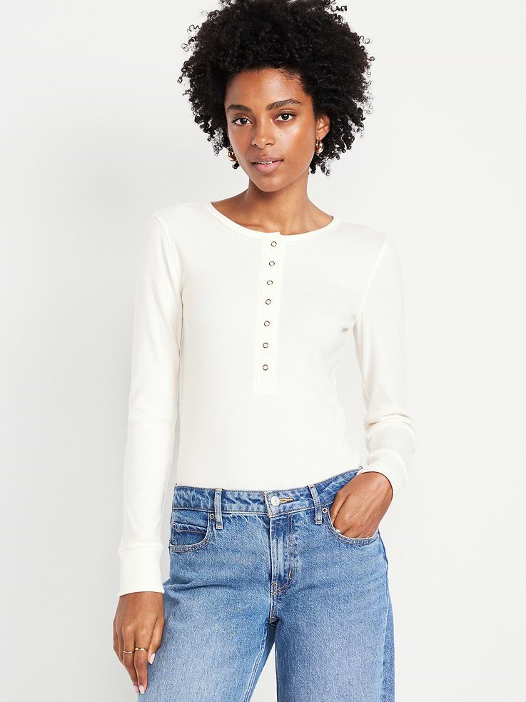 Image 1 of 8, A skimming fit that hugs your bod just right., crew neck, snap-henley placket, long sleeves, Product #804818