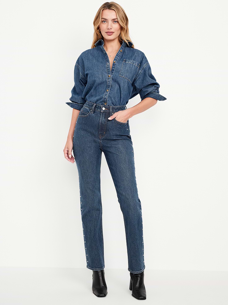 Image number 1 showing, Extra High-Waisted Studded Straight Jeans