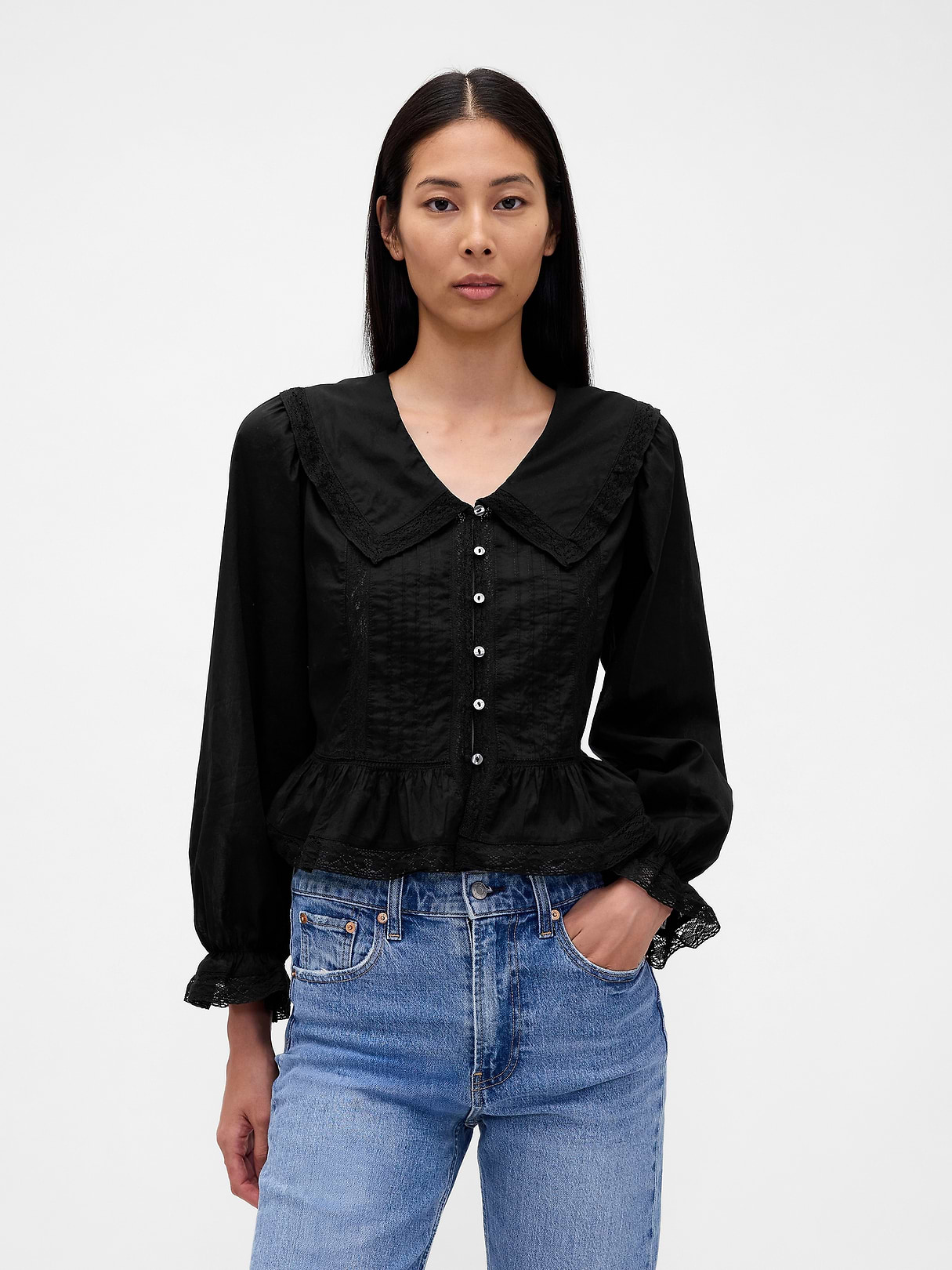 Collared V-Neck Peplum Top | Gap