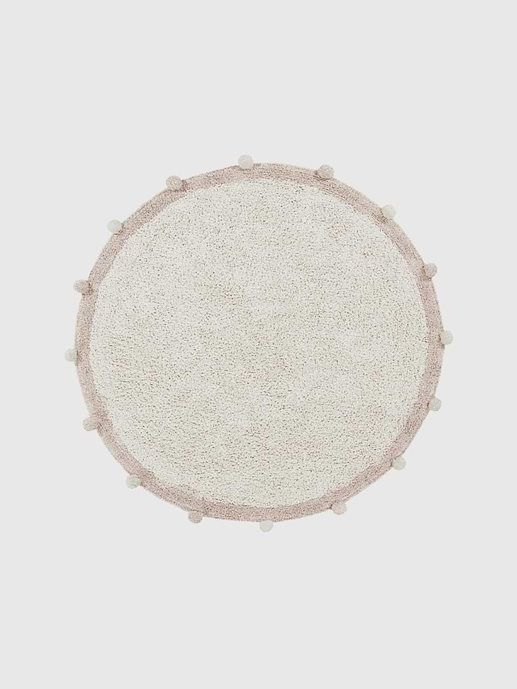 Image 1 of 5, Round-shaped soft cotton rug in Natural with a border in Natural and Vintage Nude, finished with matching pompoms., Handcrafted by Indian artisans using ancestral techniques, making each piece unique., Sustainable & natural, made with upcycled materials and non-toxic dyes., Lightweight, durable & machine washable, perfect for any space.
