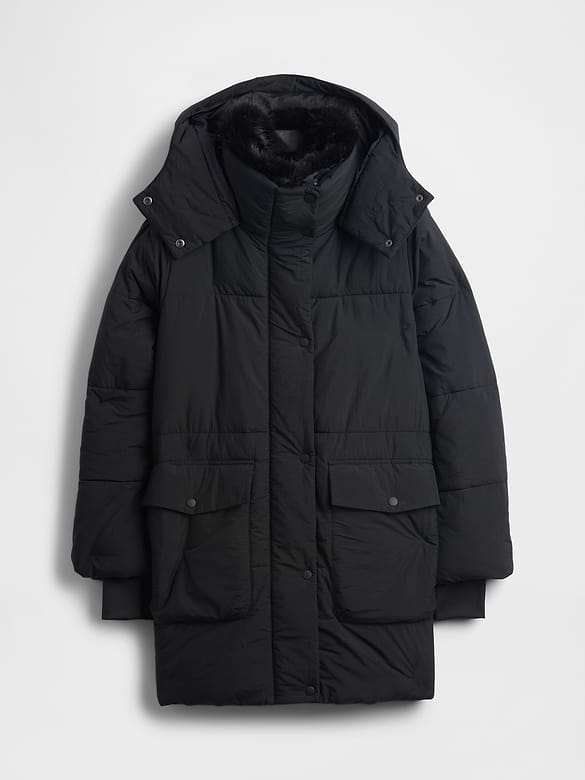 Faux Fur-Trim Midi Puffer Jacket
