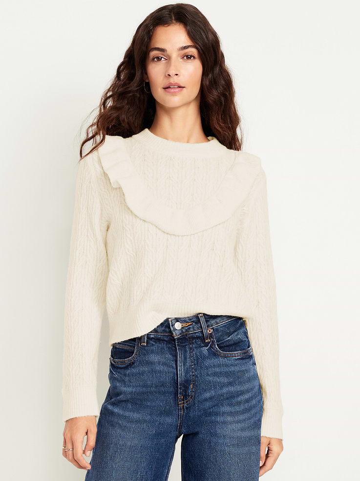 Image number 1 showing, Wool-Blend Cropped Ruffle Sweater