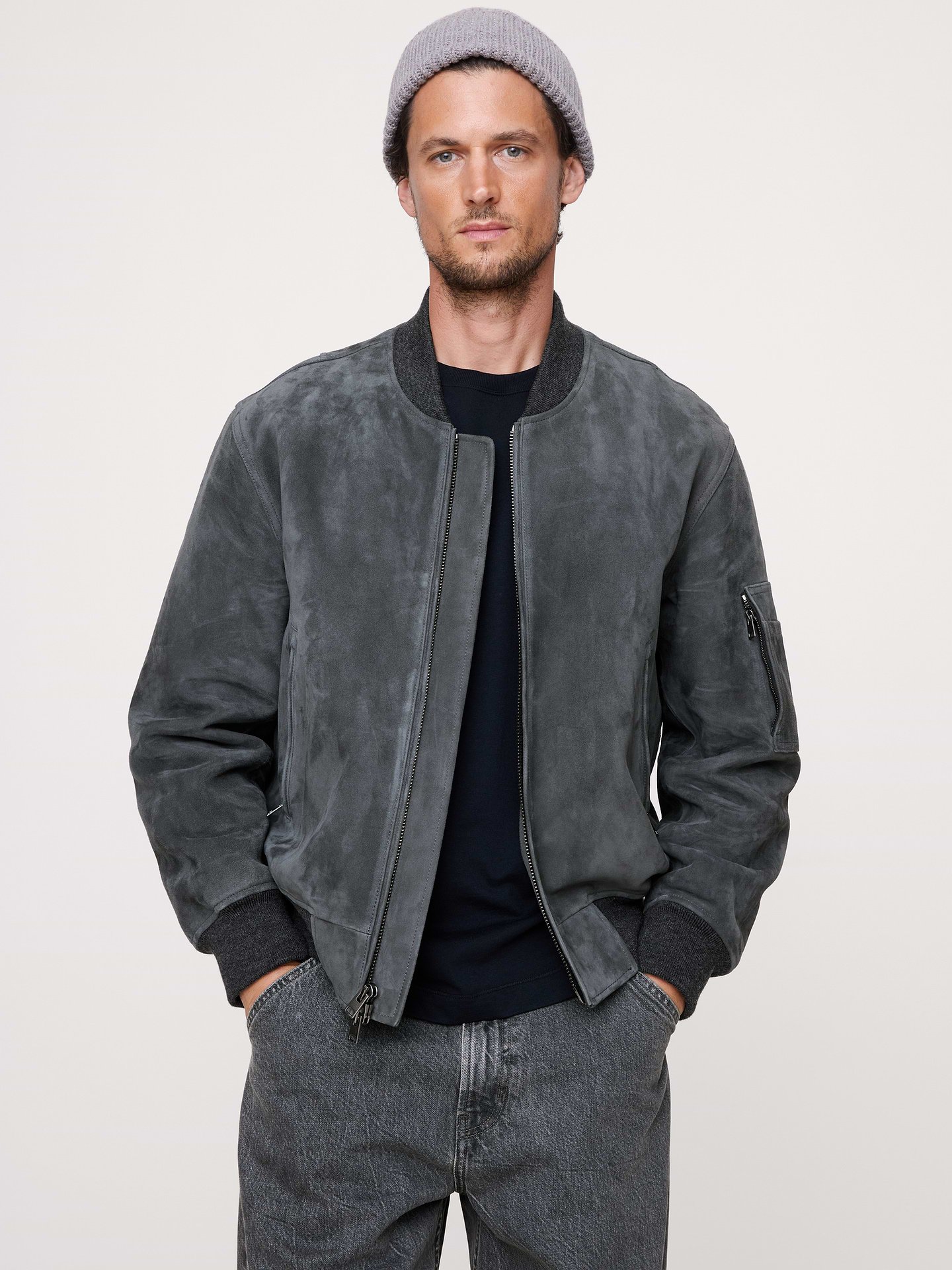 Image number 1 showing, Suede Bomber Jacket with Quilted Lining