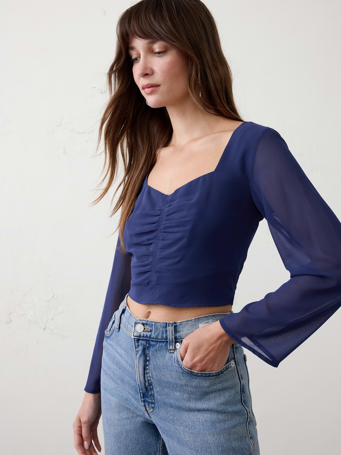 Image number 1 showing, Cropped Shirred Sweetheart-Neck Top