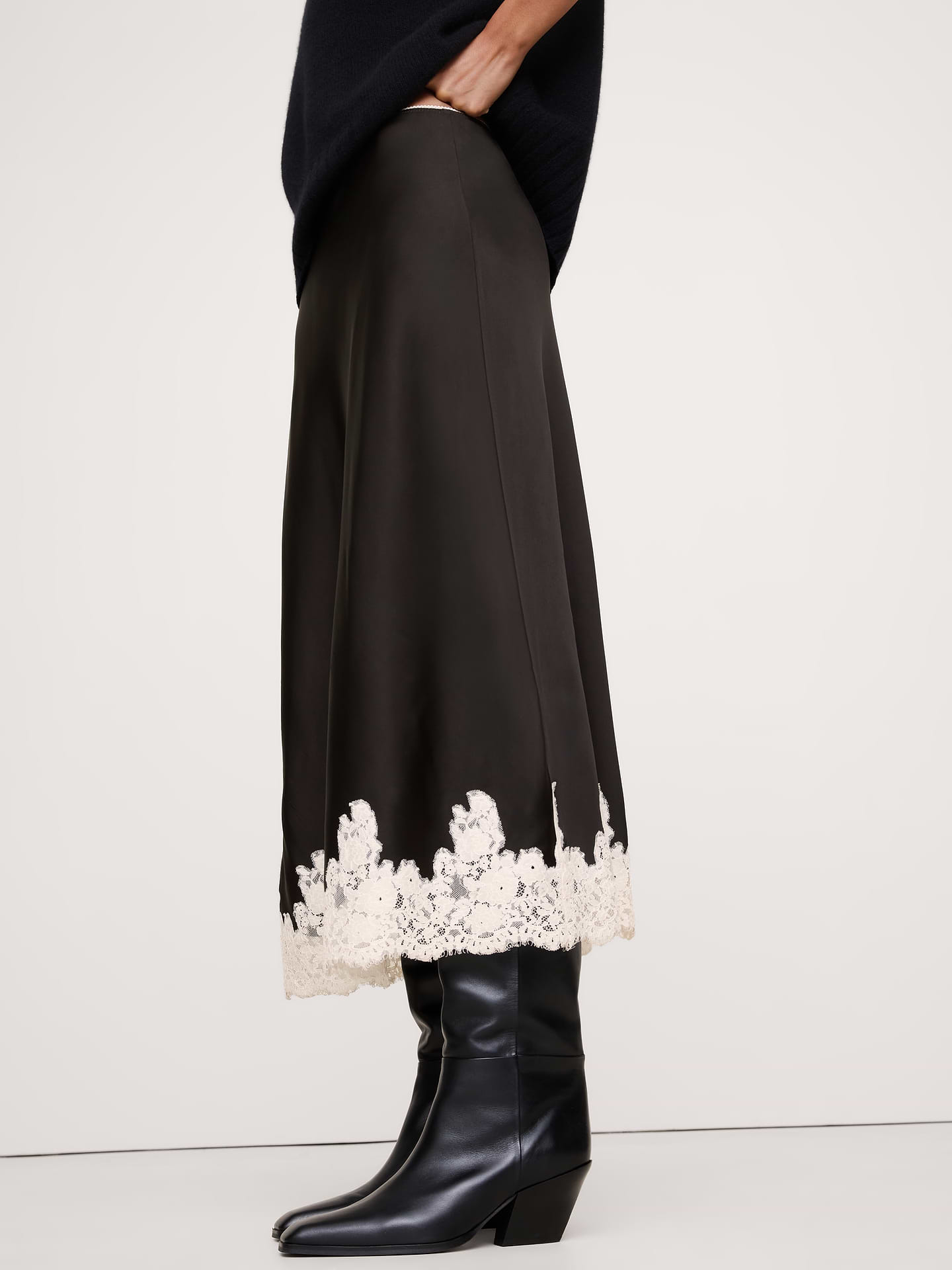 Image 3 of 4, Stretch-Satin Lace-Hem Midi Skirt