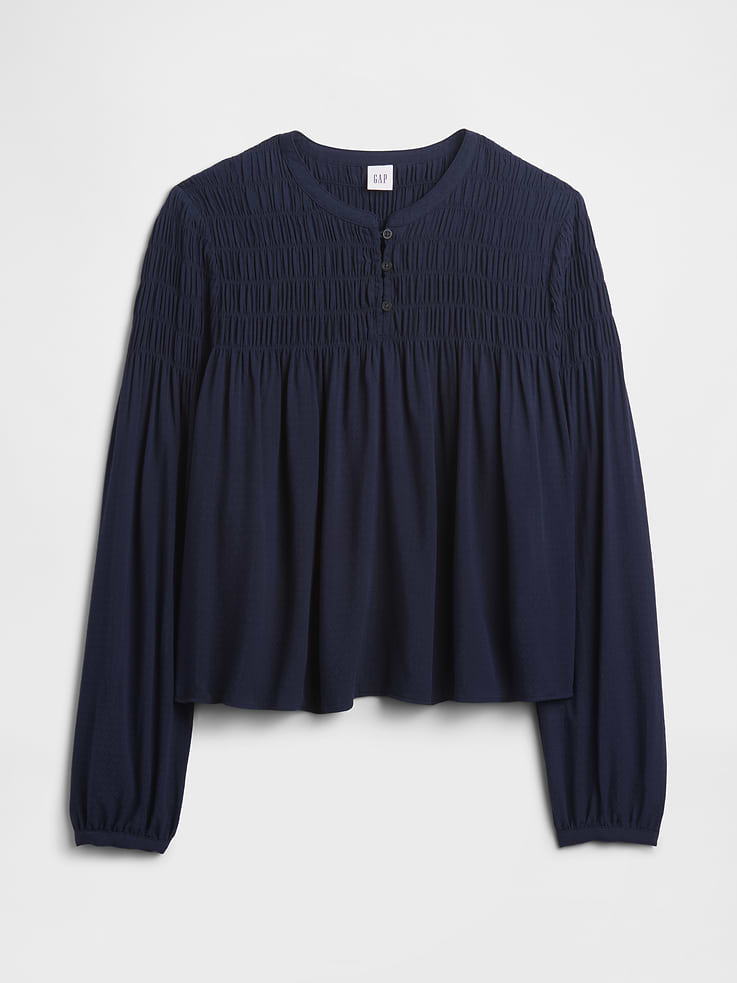 Image 5 of 5, Relaxed Smocked Balloon-Sleeve Top