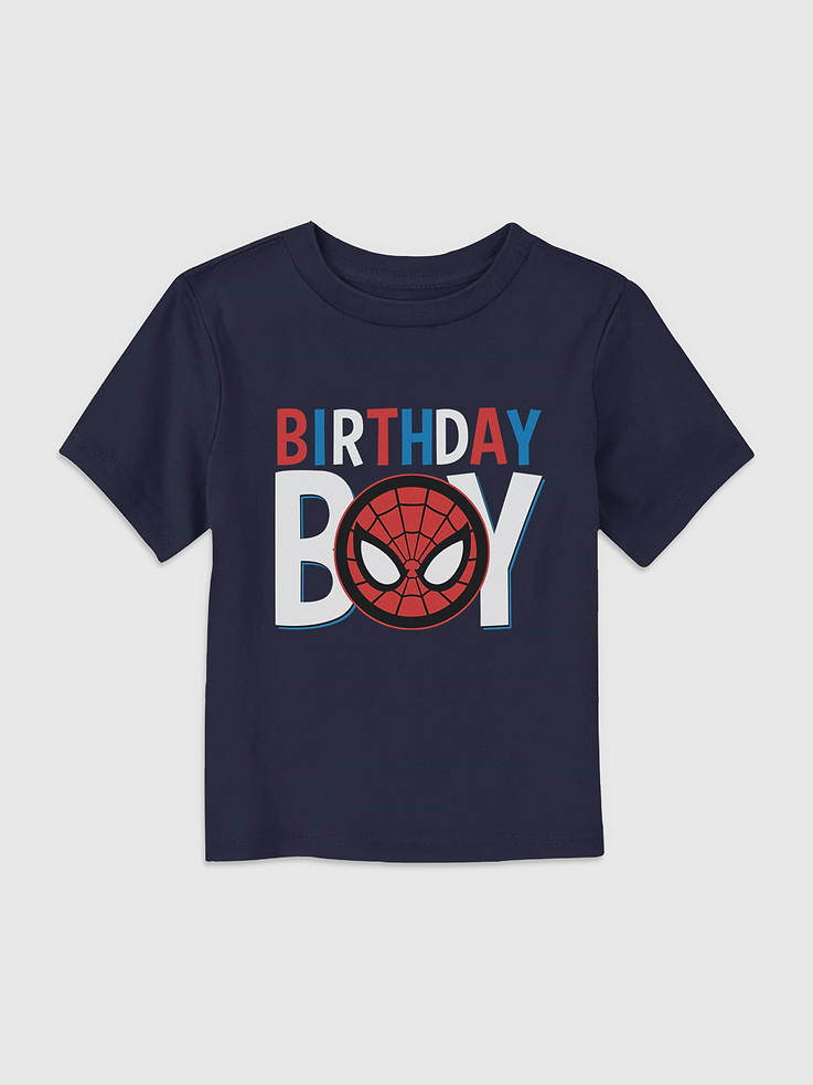 Image 1 of 4, Soft cotton T-shirt., Crewneck., Short sleeves., Officially licensed Marvel Universe Classic Birthday Icon Spiderman Graphic at front.