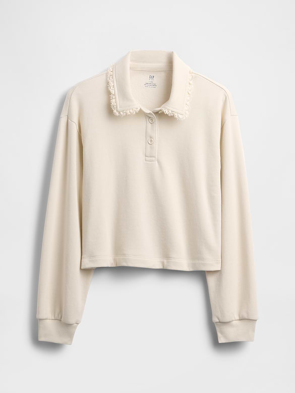 Chandail en coton ouaté à col polo avec bordure en dentelle pour Enfant