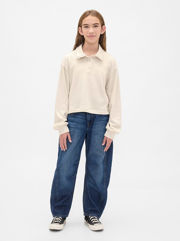 Chandail en coton ouaté à col polo avec bordure en dentelle pour Enfant